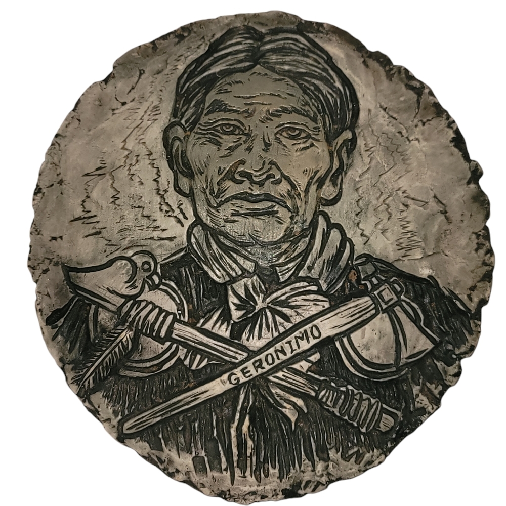 Stan Langtwait Shapes of Clay Geronimo Mt St Helens Ash Pottery Plaque Vintage